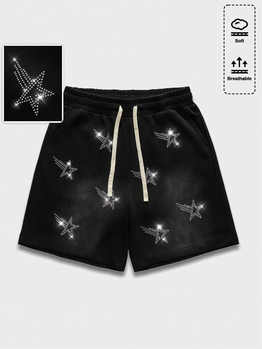 ROMWE MEN Pantalones cortos casuales con bolsillo en diagonal, decoración de diamante de imitación y cordón en la cintura para hombre, estilo urbano - Negro - Ver 1