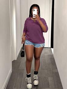 Slaydiva Loose Fit Solid White V-Neck Drop Shoulder Casual Vacation Hollow-Out Knit Plus Size T-Shirt Top For Women, Spring/Summer - Purple - View 7