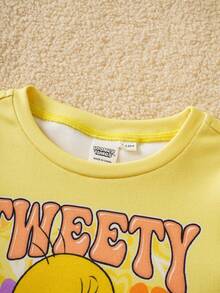 LOONEY TUNES X SHEIN Bộ đồ mặc nhà cho bé gái gồm áo thun ngắn tay cổ tròn và quần legging. - Màu vàng - Xem 3