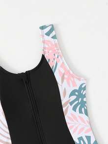 SHEIN Conjunto de 2 piezas de traje de baño para niñas preadolescentes, traje de una pieza con estampado de plantas tropicales y cremallera frontal, con shorts de baño a juego - Multicolor - Ver 3