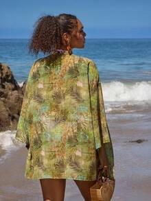 Travachic 加大码女式绿色热带植物印花雪纺和服罩衫，宽松中长袖浪漫早春海滩水疗衬衫 - 綠色 - 查看 2
