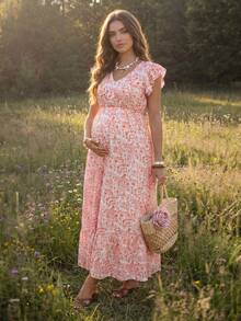 SHEIN Maternity Floral Print V-Neck Cap Sleeve Elegant Maternity Dress For Vacation Photoshoot Summer - Red - View 3