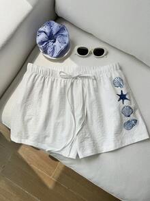Comfortcana Plus Size Casual Loose Drawstring Solid Color Comfortable Shorts, Spring/Summer - White - View 5