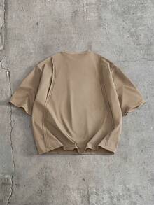 AXEPEAK Kaos Pria Kasual Ukuran Standar Warna Hitam dengan Kerah Bulat Rajut Kontras, Musim Panas - Coklat - View 2