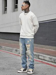 Devon Thys Quần jeans nam dáng suông màu xanh bạc hà, thích hợp mặc ngoài trời, mùa Thu/Đông. - Rửa trung bình - Xem 6