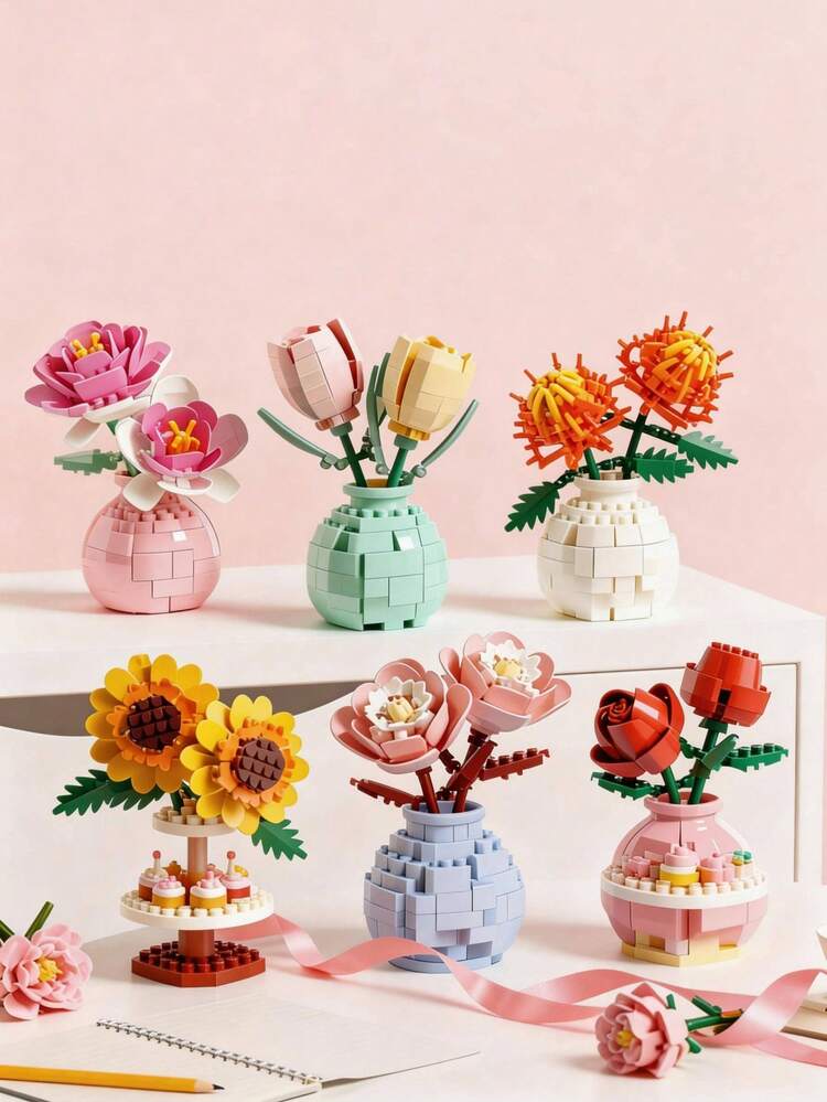 POKOJA LAND 1pc/846pcs Hoa giả vĩnh cửu, cây mọng nước, bó hoa thủ công tự làm, hoa ly/hoa cúc/hoa hồng/hoa dâm bụt/hoa mẫu đơn/hoa hướng dương/hoa tulip/hoa dành dành, mô hình lắp ráp 3D, trang trí nhà cửa, đồ trang trí bàn làm việc, quà tặng Ngày của Mẹ/sinh nhật. - Nhiều màu - Xem 4