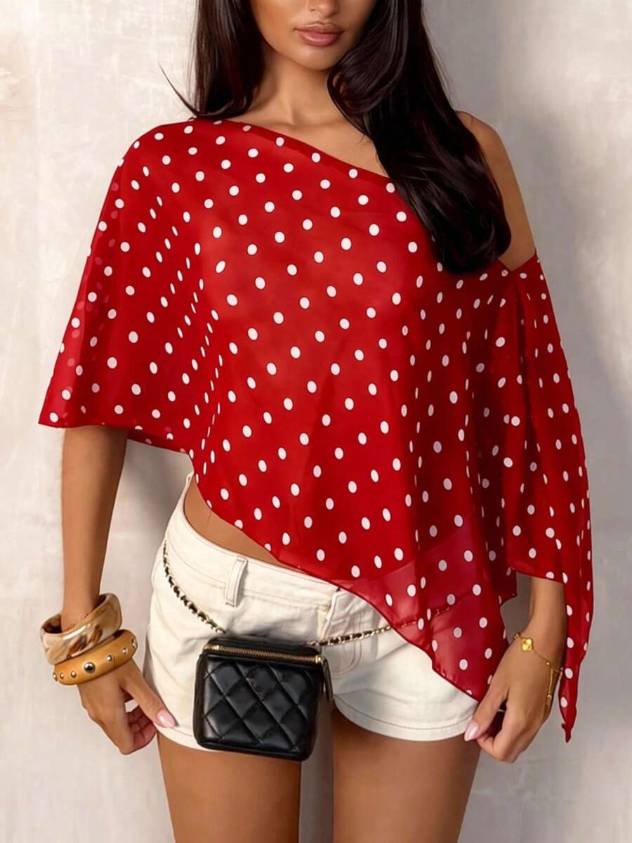 TRNVIE Black Polka Dot Asymmetrical Shoulder Mesh Blouse For Women, Spring/Summer - Red - View 1