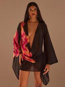 Opulessa Women's Printed Mini Chiffon Dress, Suitable For Spring/Summer Vacation,Dresses For Women Summer - Black - View 4