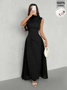 SHEIN PETITE Đầm dài nữ có khóa kéo trang trí kim loại, đầm dạ hội màu đen thanh lịch mùa hè mới, đầm dự tiệc trang trọng. - màu đen - Xem 1