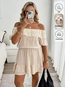 Weeklong Plus Size Casual Comfortable Off Shoulder Cutout Cotton Linen Dress - Khaki - View 1