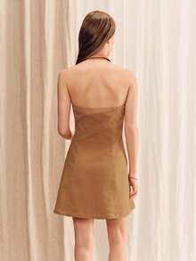 lacRébo Brown Denim Ditsy Floral V-Neck Sleeveless Dress, Slim Fit, Vintage Elegant French Style Cotton Dress For Spring And Summer - Orange - View 2