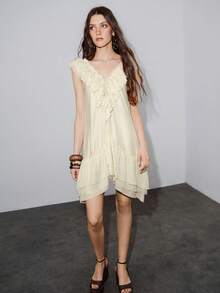 MOTF PREMIUM LINEN V-NECK LOOSE RUFFLED HEM SHORT DRESS, SUITABLE FOR SPRING/SUMMER VACATION - Apricot - View 5