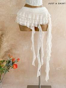 Soleia Plus Size White Autumn Boho Beach Vacation Gym Skirt, Elegant Solid Color Low Waist Layered Ruffle Asymmetric Hem Skirts, Cute Floral Fall - White - View 8