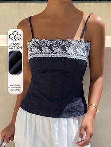 DAZY Contrast Lace Fitted Cropped Casual Basic Vacation Beach Swimming Summer Women Vest White School - Blue - View 1