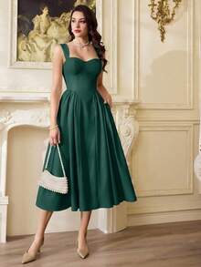 Vestido elegante vintage para mujer con bolsillos, vestido de té casual amarillo para fiestas, festivales y vacaciones, vestido blanco de verano para mujer, vestido de fiesta con c - Verde Oscuro - Ver 2
