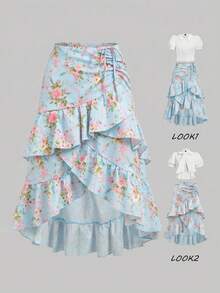 SHEIN MOD Plus Size Women Floral Print Ruffle Hem Asymmetric Skirt - Blue - View 6