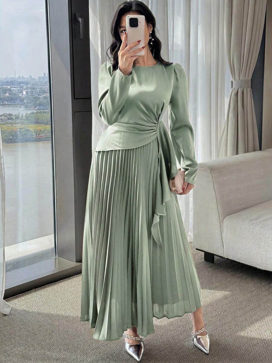 Modelyn Women's Solid Color Round Neck Pleated Hem Elegant Dress,Dresses For Women Summer - Green - View 1