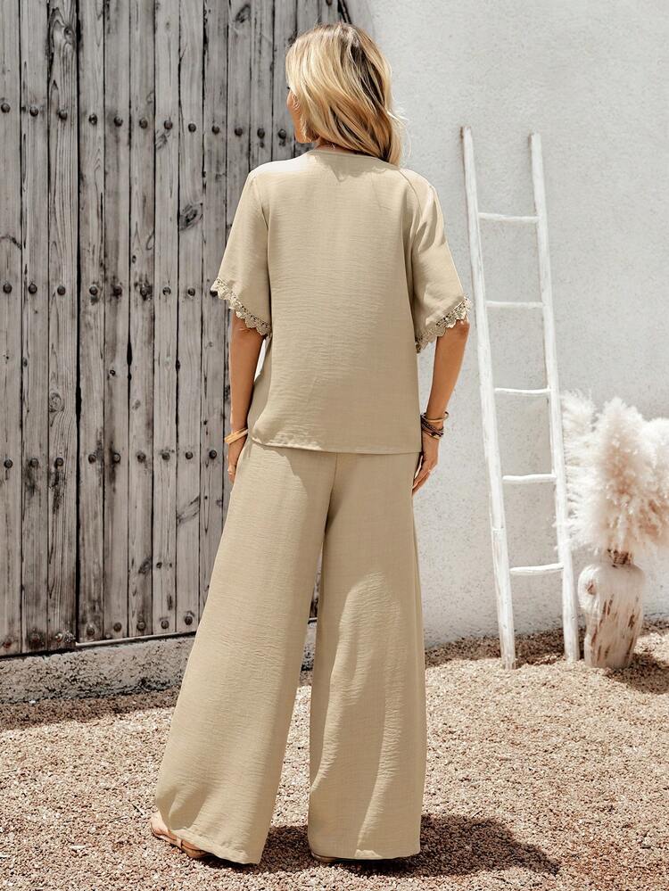 Women's V-Neck Short Sleeve Top And Wide Leg Pants Casual 2 Pieces Set