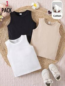 SHEIN Vintaside Kids 3件套少女百搭黑色、白色、卡其色弹力吊带背心，适合日常休闲、度假、夏季穿着 - 彩色 - 查看 1