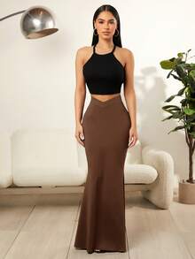 SHEIN SXY 單色不對稱擺中長裙 - 棕色 - 查看 5