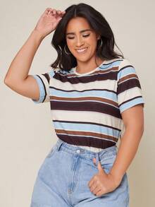 SHEIN BASICS 大码女式条纹圆领短袖休闲T恤 - 彩色 - 查看 3