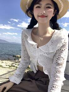 DAZY 女士网纱韩版春夏长袖休闲上衣 - 白色 - 查看 12