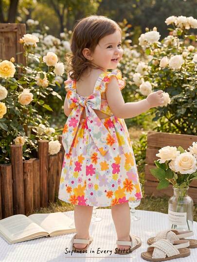 Cozy Pixies Baby Girl Baby Girls Summer Squishy Ditsy Floral Bow Back Cute Casual Dress, Fashionable Versatile For Daily Wear, Vacation, Camping, Matching Sister & Parent-Child Outfits, Photo Shoot