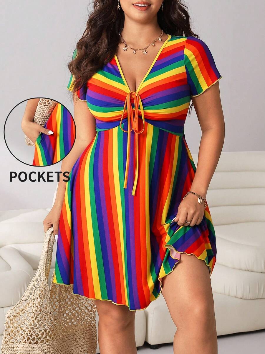 SHEIN EZwear 大码女式彩色条纹系带短袖连衣裙 - 彩色 - 查看 1