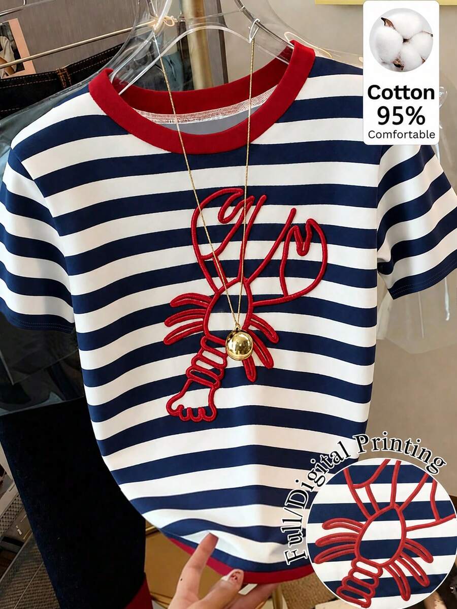 SHEIN EZwear Áo thun nữ tay ngắn cổ tròn dáng rộng, chất liệu 95% cotton - Họa tiết kẻ sọc, hình tôm hùm, phong cách đường phố punk retro miền Tây, thích hợp cho kỳ nghỉ, lễ tốt nghiệp, tựu trường, mùa hè, đạp xe. - Nhiều màu - Xem 1
