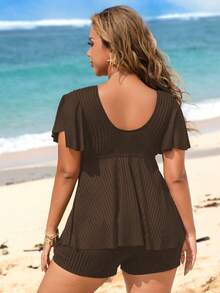 Swim Lushoire Conjunto de tankini de 2 piezas con cordón delantero y tela acanalada de unicolor en talla, para la playa y el verano - Marrón - Ver 2