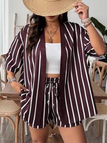 SHEIN VCAY 2pcs Plus Size Striped Short Sleeve Jacket Set, Casual Fashionable, Suitable For Daily Wear And Vacation - Coffee Brown - View 3