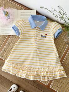 SHEIN 1 Peça Vestido de Menina Bebê de 0-3 Anos de Estilo Casual e Simples para Verão e Outono, com Cores Contrastantes. Colarinho Acompanhado de Tecido de Malha Canelada. Decoração com Estampa de Cachorro, Perfeito para Passeios e Férias. - Amarelo - Visão 5