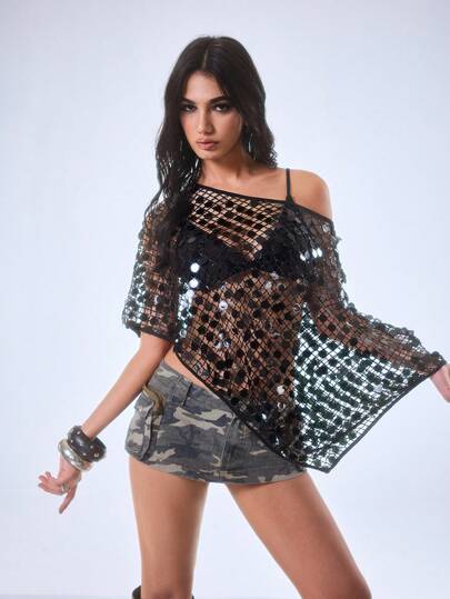 Y2Kool Top corto casual sexy con malla y lentejuelas estilo Y2K, adecuado para fiestas, reuniones, vacaciones en la isla, festivales de música y uso diario en primavera/verano