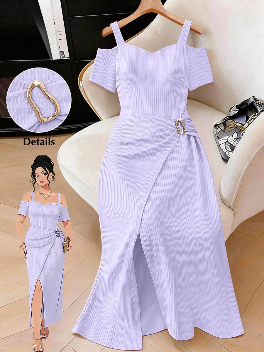 Elenzga Plus Size Women Solid Color Metal Decor Ruched Waist Elegant Party Dress - Mauve Purple - View 1