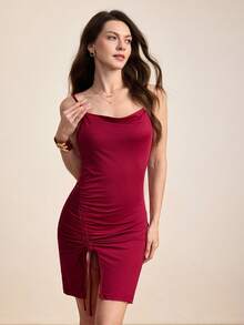 Hourtrue Women's Solid Color Drawstring Neck Slip Sexy Nightgown - Burgundy - View 4