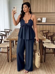 Weeklong Elegant Navy Blue Plus Size Women's Clothing Jacquard V-Neck Waist-Cinched Sling Top & Pants Set,Summer Vacation Holiday Casual Outings Office Party - Navy Blue - View 4