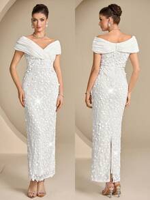 Coutiva Elegantes Abendkleid mit Satin-Einsätzen und Pailletten-Saum, gerader Schnitt, perfekt für Geburtstagsparty, Abschlussfeier, Schulanfang & Musikfestivals - Weiss - Übersicht 4