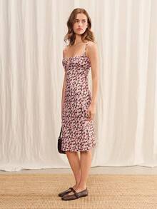 lacRébo Vintage Floral Fitted Elastic Mid-Length Dress, Front Tie Spaghetti Strap, Suitable For Vacation Spring/Summer Casual Wear, French Style - Multicolor - View 4