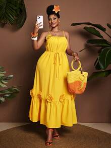 Maweii Vestido de Férias Solto com Aplicação Floral Plus Size, Linha A, Sem Mangas, Primavera/Verão - Amarelo - Visão 6