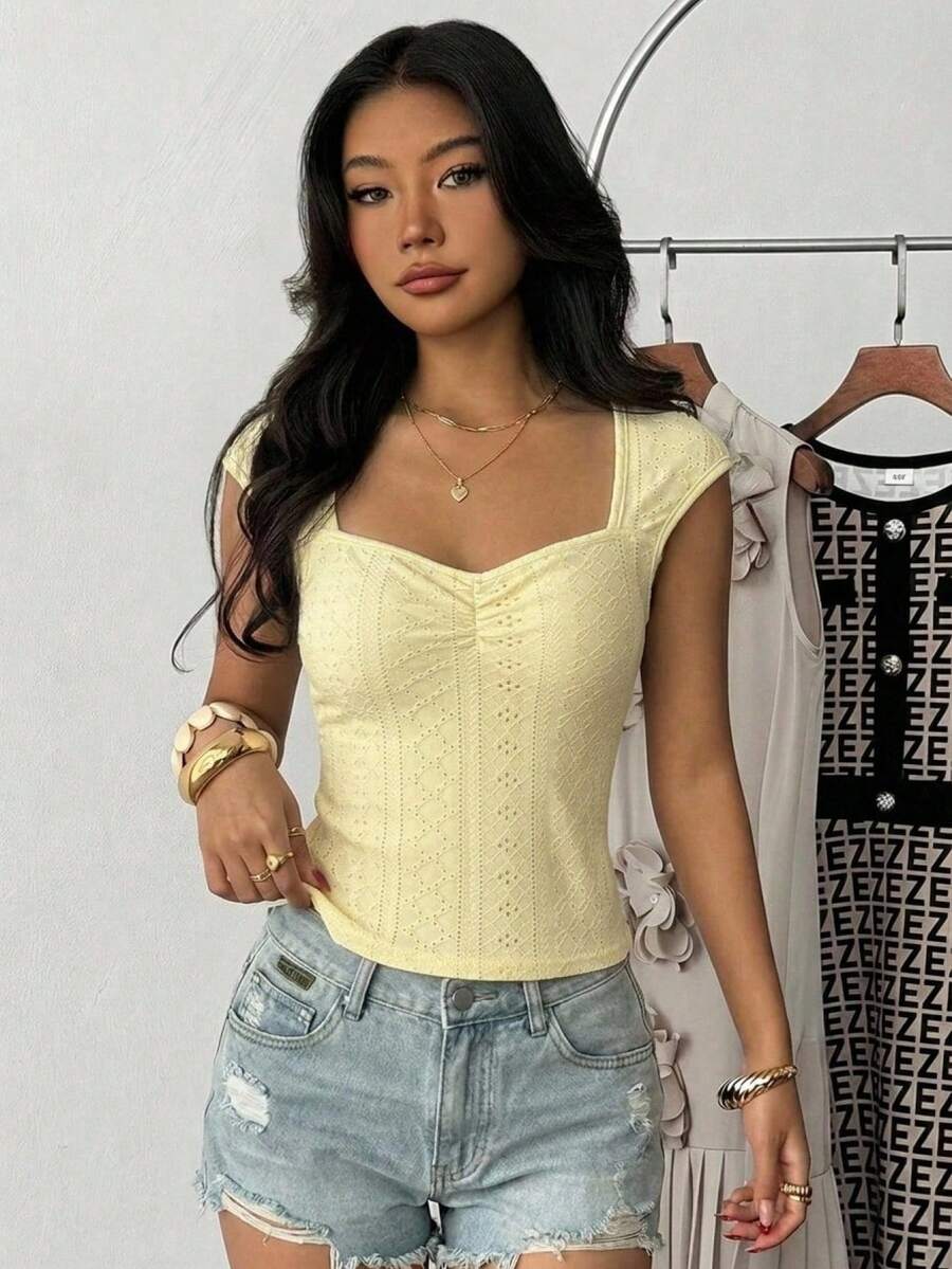 SHEIN 少女修身休闲舒适提花面料短袖T恤 - 黑與白 - 查看 1