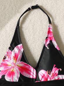 SHEIN 青少年女孩 2 件組休閒極簡風木槿花、雞蛋花、百合花印花細肩帶比基尼泳衣套裝，適合夏季海邊度假 - 黑色 - 查看 5
