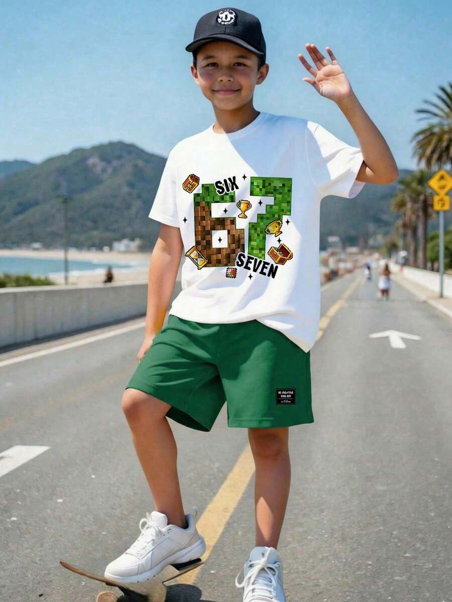 青少年男童休闲简约短袖圆领T恤短裤套装，适合夏季穿着