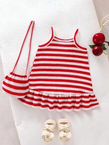 SHEIN Playful Pals 嬰幼女童 0-3歲可愛紅白條紋夏季度假無袖洋裝 3D花卉鳳梨條紋紋理套裝附斜背包 - 紅色 - 查看 2