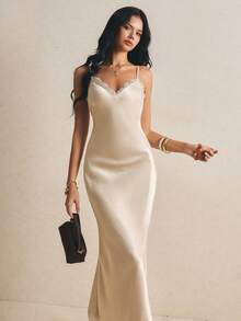 Poéselle Women's Solid Color Contrast Lace Elegant Maxi Slip Dress Day Party Cream Summer - Champagne - View 9
