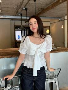 DAZY Áo sơ mi nữ tay ngắn kiểu Hàn Quốc cổ bẻ thắt nơ, dáng suông, thoáng mát mùa hè. - trắng - Xem 5