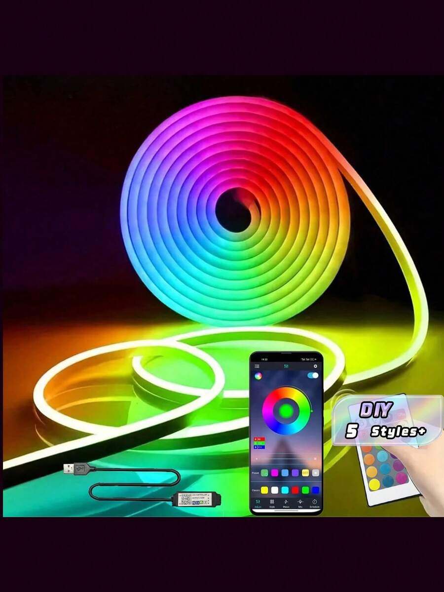3.28 英尺/6.56 英尺/9.84 英尺/16.4 英尺 LED 灯,5V RGB LED 霓虹灯带,卧室 LED 灯,24 键遥控智能灯带,RGB 变色 LED 灯,卧室、客厅、家庭圣诞派对装饰,手机应用程序控制 LED 灯带,房间装饰用品 - 彩色光 - 查看 1