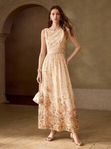 MOTF PREMIUM ELEGANT INTELLECTUAL FOIL FLORAL PRINT WAIST-CINCHED SLEEVELESS DRESS, HIGH-END FEEL, SUITABLE FOR SPRING/SUMMER EVENING GALA VACATION BEIGE - Apricot - View 3