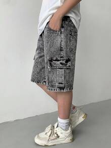 青少年男孩時尚休閒 Y2K 復古酷炫街頭多口袋設計灰色寬鬆工裝牛仔短褲，適合兒童日常穿著、春夏季 Rave 音樂節與街頭穿搭 - 黑色 - 查看 5