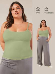 SHEIN BASICS Plus Size Women Solid Color Fitted Casual Smart Casual Camisole Everyday Sage Green Summer Tops - Green - View 7