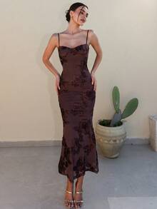 Bris Aura 3D Floral Sexy Slim Brown Suspender Dress Autumn Wedding Guest Dress Women Slim Maxi Dress Evening Dress Female Spaghetti Strap Cocktail Dress, Elegant Formal Dress Suitable For Nightclub, Party, Christmas Big Sexy Backless Tight Maxi Fishtail Dress, Suitable For Autumn Party Romantic Date - Brown - View 1